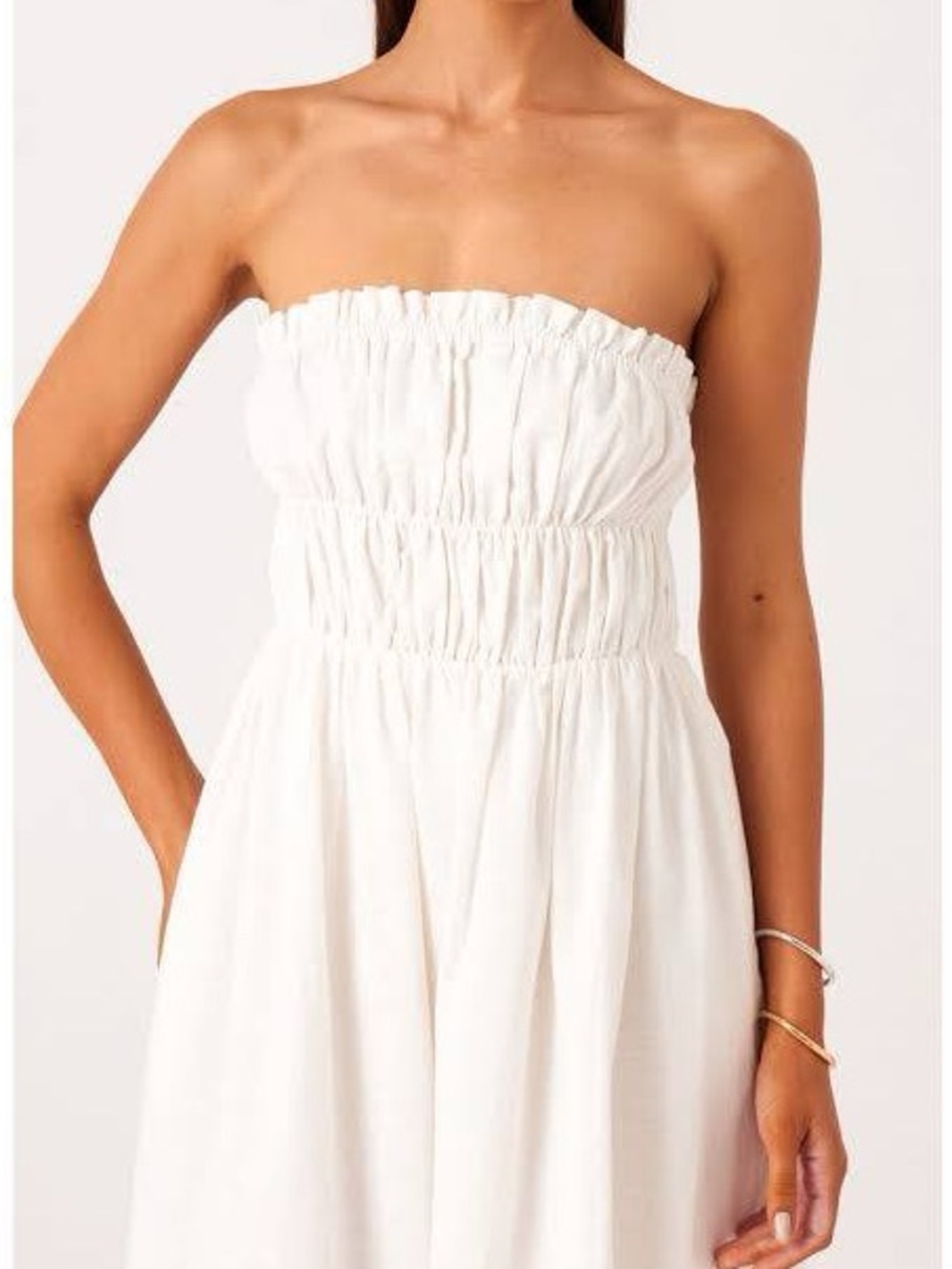 Faithfull the Brand White Strapless Smocked Midi Dress